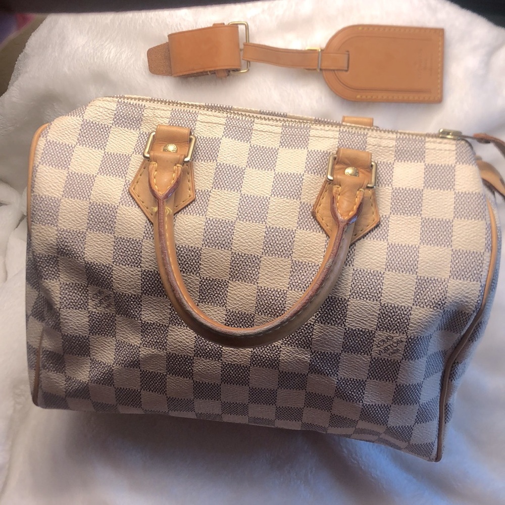Louis Vuitton Speedy 25 Damier Azur Canvas Satchel with complete luggage tag